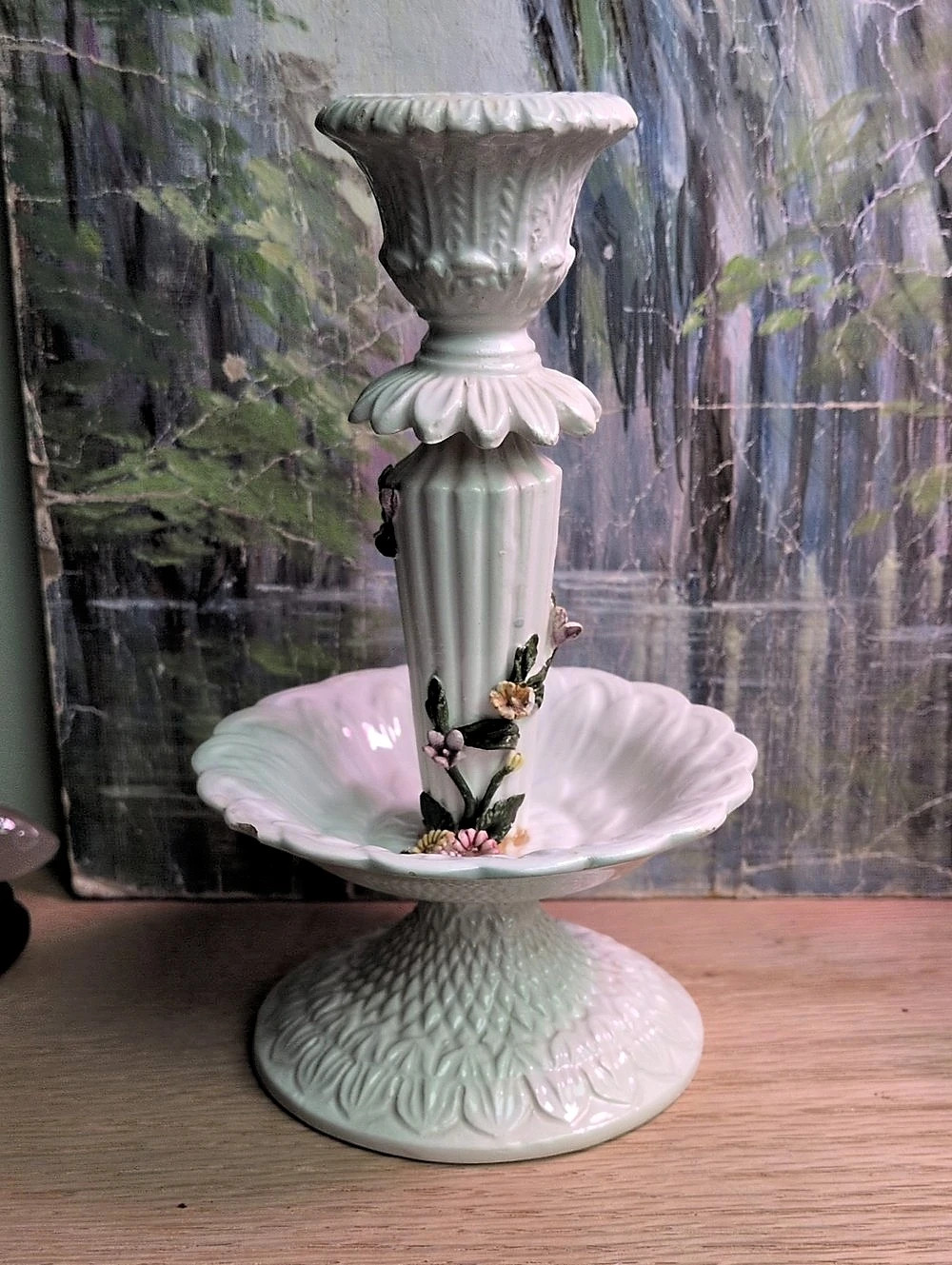 Antique Italian Column Ceramic Candlestick Holder in White & Flowers
